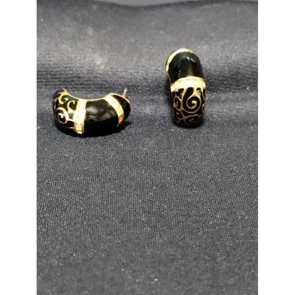 Vintage Camrose & Kross JBK Black Enameled Gold Plated Crystal Earrings Women's - Picture 4 of 8